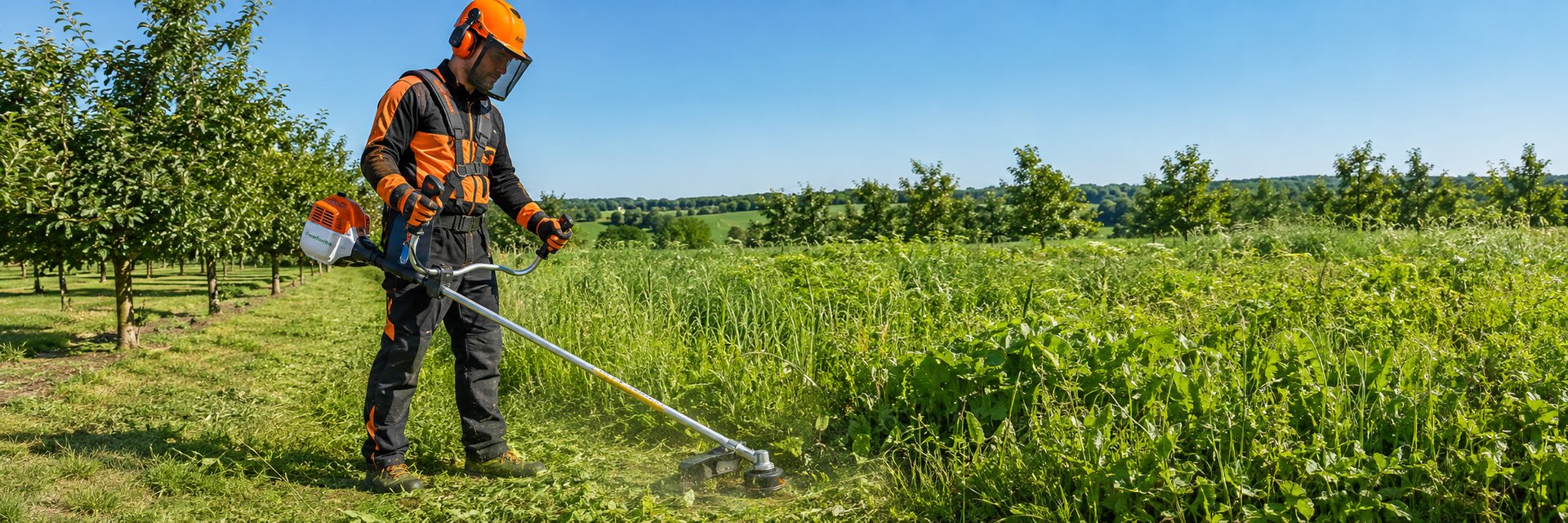 Gardener operating a brush cutter